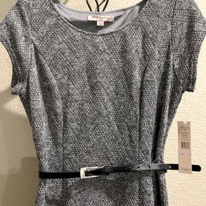 NWT- Sharagano Charcoal dress, lined, belt at waist, A-line, size 6.
